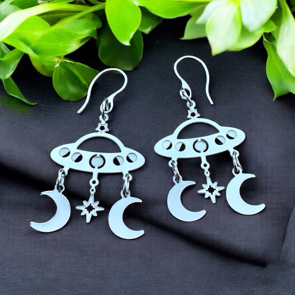🆕 Spaceship with Moon and Stars Laser Etched Earrings Stainless Steel